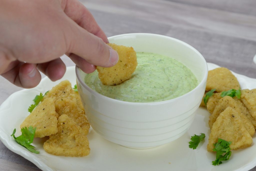 This snack hack is perfect for movie night: crispy, flavor-packed Chicken Chips with creamy jalapeño dip that is so addictive you'll be adding it to everything!