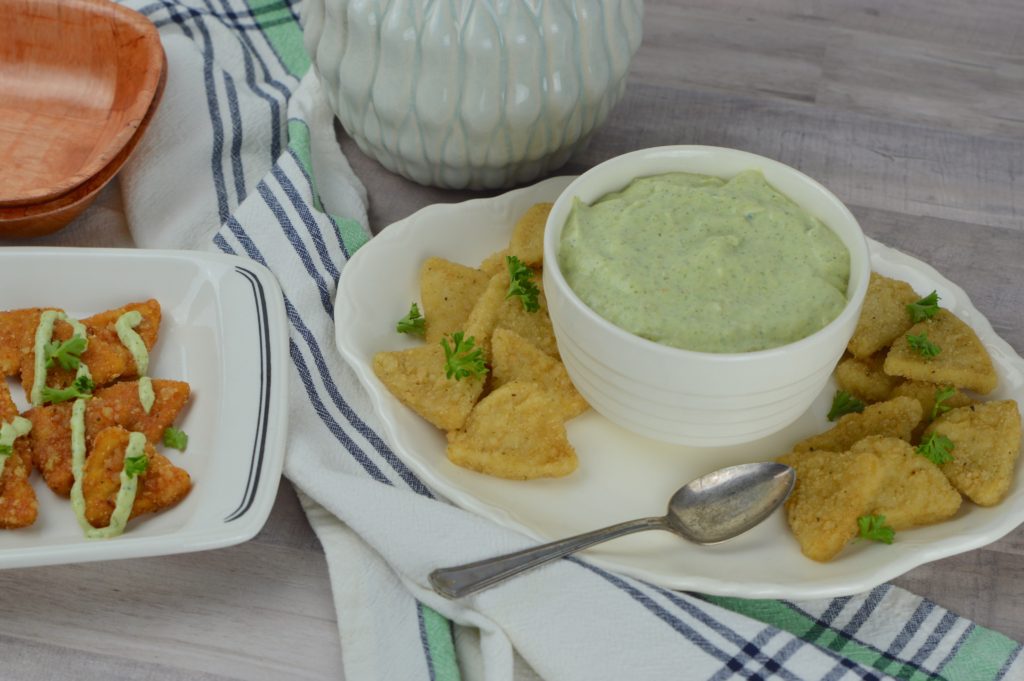 This snack hack is perfect for movie night: crispy, flavor-packed Chicken Chips with creamy jalapeño dip that is so addictive you'll be adding it to everything!