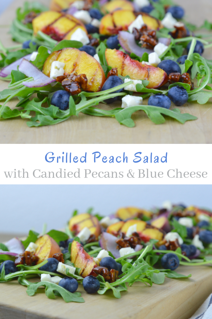 Grilled Peach Salad is the best summer side dish recipe!  The peaches and onions are grilled and served with arugula, blueberries, candied pecans, and blue cheese. 