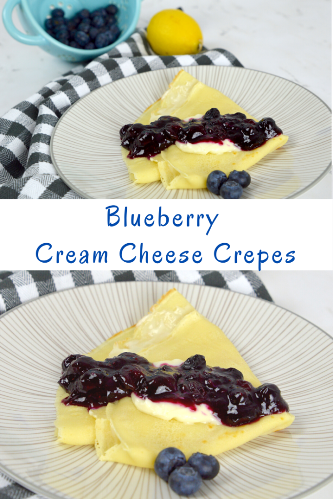 Delicious French-inspired Blueberry Cream Cheese Crepes filled with sweet cream cheese and topped with bursting blueberries.