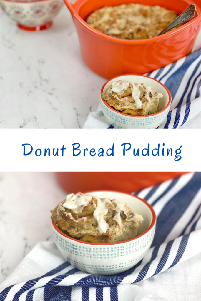 This delicious Donut Bread Pudding works for both dessert or brunch! It is the perfect way to use up day-old donuts in a fun way.