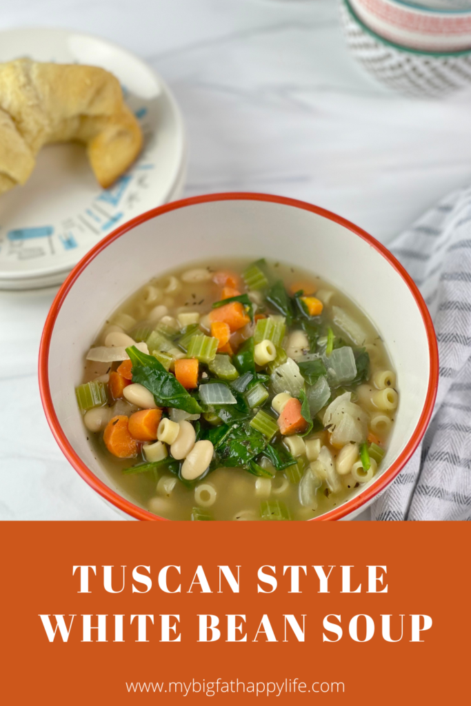 This Tuscan Style White Bean Soup makes a delicious dinner that is filled with vegetables and plant-based protein. It can also be made vegan and/or gluten-free. 