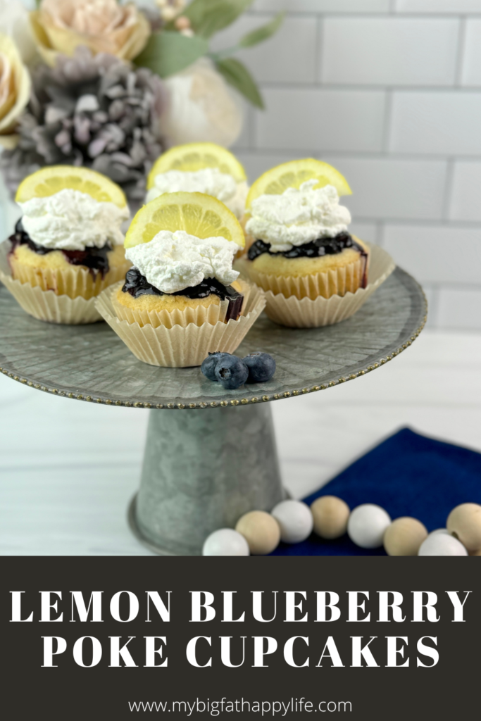 These Lemon Blueberry Poke Cupcakes are easy to make using a boxed cake mix combined with a homemade lemon blueberry sauce and homemade whipped topping.